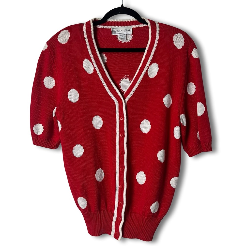 Evan Picone Vintage Red Polka Dot Knit Cardigan Sweater Shirt Sleeve - Sz S‎